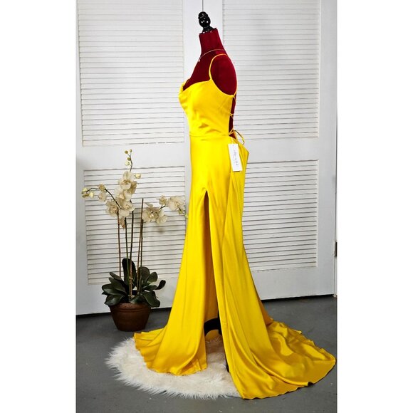 NWT Ellie Wilde Mon Cheri Sunflower Yellow Satin Long Prom Dress Size 16 1751 - Picture 9 of 16